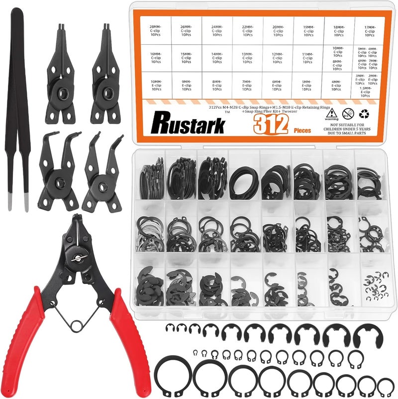 Rustark 312Pcs 4 in 1 Snap Ring Pliers with M1.5-M10 Black E-Clip Circlip Retaining Rings Assortment Kit and M4-M28 C-Clip External Snap Rings Assortment Kit with Tweezers - Image 1